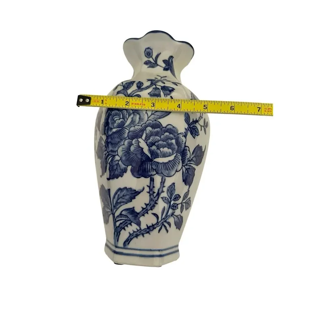 2 New Chinese Blue & White Rosé Transfer Wear Chinoiserie Pocket Wall Vase 10” T